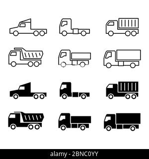 Truck silhouette and line icons. Shipping, cargo trukcs, dumpers and van isolated on white background. Vector illustration Stock Vector