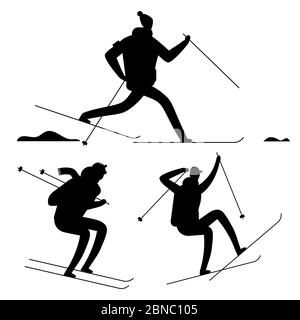 Skiing people black silhouettes isolated on white background. Vector ski silhouette sport people, illustration of athlete running and jumping on ski Stock Vector