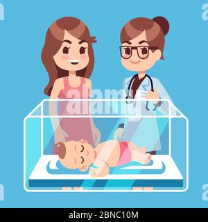 Pediatrician doctor, mother with little newborn baby, toddler inside incubator box in hospital. Vector illustration Stock Vector