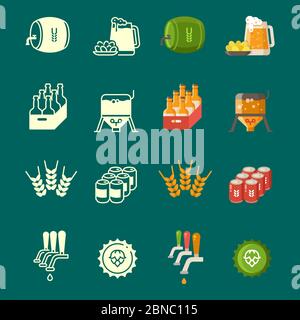 Silhouettes and colorful flat vector beer icons set isolated on green illustration Stock Vector