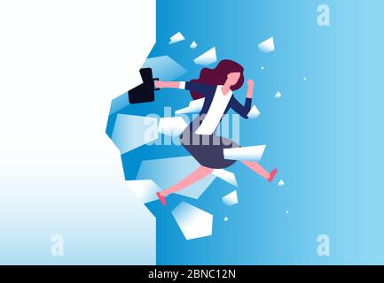 Businesswoman breaking wall. Strong woman jamps through barrier. Free people, action and overcome vector concept. Business female break wall, leadership power illustration Stock Vector