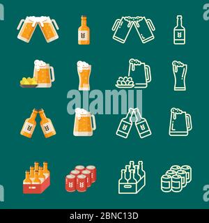 Serving beer modern flat and line vector icons. Illustration of beverage drink beer bottle and bank outline Stock Vector