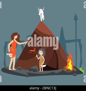 Stone age vector illustration. Cartoon neolithic woman and girl drawing on the wool Stock Vector