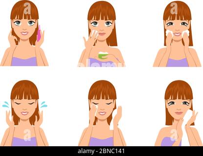 Woman skin care. Cartoon beautiful girl cleaning and washing face with water and soap after makeup. Beauty body treatment vector set. Illustration of makeup beauty for woman, soap lotion Stock Vector