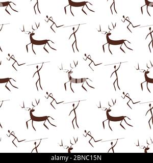 Stone age primitive painting seamless pattern background man and deer. Vector illustration Stock Vector