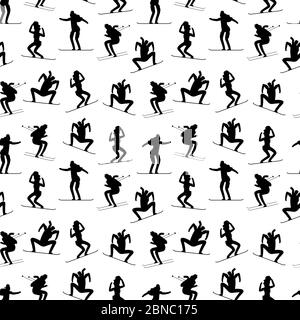 Winter sports athletes seamless pattern. Black sport winter people silhouettes texture. Vector illustration Stock Vector