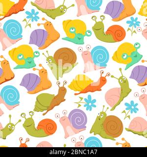 Snail seamless pattern. Fashion kids endless vector texture for fabric and wrapping. Illustration of seamless pattern snail, wildlife wrapping Stock Vector