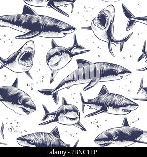 Sharks seamless pattern. Hand drawn underwater sea fish nautical japanese background. Illustration of underwater shark in sea, marine wildlife Stock Vector