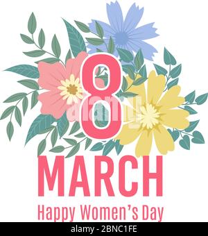 Greeting card of 8 march. Happy womens day background with spring flowers. Newsletter vector template with floral elements. Illustration of greeting card eight march, international happy woman day Stock Vector