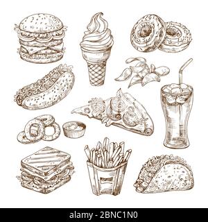 Sketch fast food. Burger hot dog, sandwich snacks, chips and ice cream, cola pizza. Hand drawn fast food vector set. Hamburger and pizza, sandwich food, menu fast food illustration Stock Vector