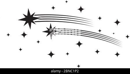 Stars with trails. Comets black silhouettes. Star shooting and stardust, rocket trail vector illustration. Trail tail star, silhouette of firework, asterisk group Stock Vector