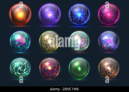 Magic balls. Energy mysterious orbs, magical crystal glass prediction paranormal sphere. Vector set of color sphere crystal, glass magic ball illustration Stock Vector