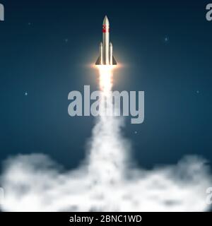 Space rocket launch. Spaceship take off with fire and jet smoky trail. Space travel and start up isolated vector illustration. Spaceship and rocket, jet launch start Stock Vector