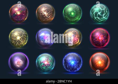 Magical crystal orbs. Glowing magic balls, mysterious paranormal wizard spheres. Vector set of crystal orb and ball sphere illustration Stock Vector