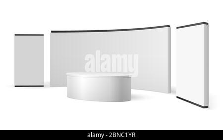 White exhibition stand. Blank trade show booth promotional display. Event panel vector 3d isolated template. Illustration of stand mockup for promotion and presentation news studio Stock Vector