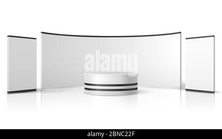 Blank trade show booth. White empty exhibition stand, retail promotional display vector 3d mockup. Promotion and presentation stand mockup illustration Stock Vector