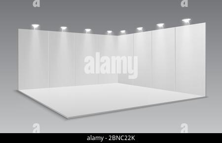 Blank display exhibition stand. White empty panels, promotional advertising stand. Presentation event room 3d template. Vector exhibition and framework, area floor with light lamp illustration Stock Vector