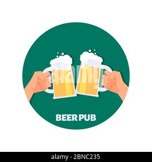 Beer pub vector icon design. Two hands holding beer glasses. Illustration of beer drink, pub emblem Stock Vector