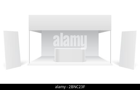 Event exhibition trade stand. White promotional advertising booth, standing blank display banners. Marketing stall 3d vector mockup. Illustration of exhibition display for presentation and trade Stock Vector