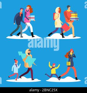 Cartoon people walking on winter street. Men, women, kids, old citizen in warm clothes vector illustration Stock Vector