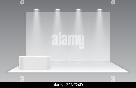 Blank exhibition trade show booth. White empty promotional advertising stand with desk. Presentation event room display. Vector mockup. Illustration of mockup area for promotional event Stock Vector