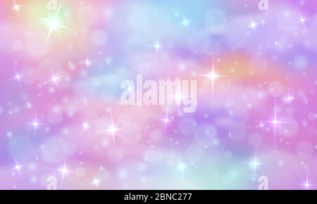 Unicorn fantasy background. Rainbow sky with glittering stars. Abstract galaxy, mermaid princess marble vector magic texture. Universe cosmic holographic pattern illustration Stock Vector