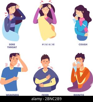 Flu symptoms. People demonstrating cold sickness. Fever cough, snot chills, dizziness. Vector characters for flu prevention poster. Fever and cold, flu and dizzy illustration Stock Vector