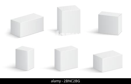 White cardboard boxes. Blank medicine package in different sizes. Medical product square box 3d vector isolated mockups. Container package, cardboard box, mockup compact block illustration Stock Vector