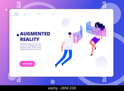 Augmented reality concept. Persons in vr headsets and goggles. Futuristic virtual reality vector banner man and woman fly in cyberspace illustration Stock Vector