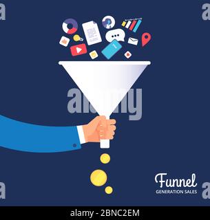 Sale funnel. Lead management optimisation and generation. Leading technology and media marketing. Sale conversion vector concept. Funnel marketing strategy, process and optimization illustration Stock Vector