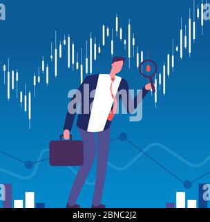 Investor concept. Businessman with magnifying glass looking for investment opportunity. Successful investor, finance vector background. Business investment analyzing, businessman looking illustration Stock Vector