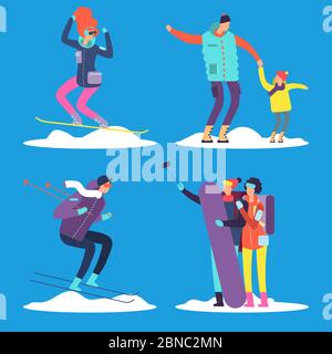 People, adult and kids snowboarding and skiing outdoor. Vector illustration isolated on blue Stock Vector