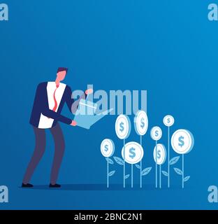 Investment business concept. Happy investor grows money investments. Business opportunity finance vector background. Illustration of money watering, investment finance, growth financial Stock Vector