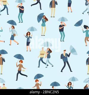 People holding umbrella, walking outdoor in rainy spring or fall day. Man, woman in raincoat seamless pattern. People pattern seamless with umbrella illustration Stock Vector