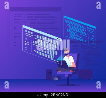 Programmer coding. Young man freelancer working on program code with laptop. Geek coding software vector concept. Illustration of man developer with laptop Stock Vector