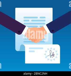 Businessmen shaking hands to sign contract. Partnership agreement with corporate lawyer, selling business and investment vector concept. Businessman agreement handshake Stock Vector