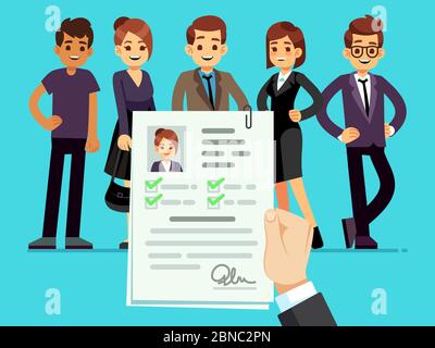 Recruitment. Recruiter choosing candidates with female cv resume vector illustration. Career and recruitment resume Stock Vector