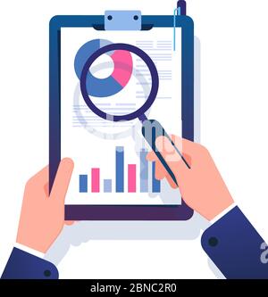 Business report concept. Businessman researching financial office document with magnifying glass. Data analysis vector illustration. Analysis marketing data, report document Stock Vector