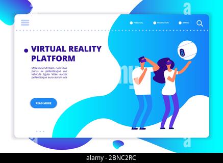 Virtual augmented reality. People with mobile entertainment and headset playing virtual game. Vr future technology vector concept. Virtual reality platform, web playing cyber space illustration Stock Vector
