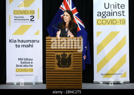 (200514) -- WELLINGTON, May 14, 2020 (Xinhua) -- New Zealand Prime Minister Jacinda Ardern speaks during a press conference in Wellington, New Zealand, May 14, 2020. New Zealand released Budget 2020, 'Rebuilding Together,' on Thursday, which established a 50 billion New Zealand dollars (30 billion U.S. dollars) COVID-19 Response and Recovery Fund. (Hagen Hopkins/Pool via Xinhua) Credit: Xinhua/Alamy Live News
