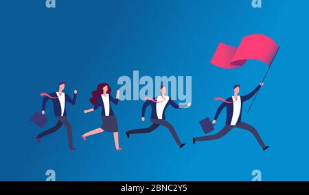 People holding flag and running. Business leader leading office team. Leadership vector concept. Illustration of leader man business with red flag Stock Vector