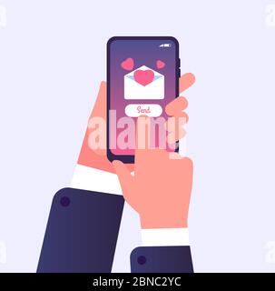 Sending love message. Hand holding cell phone with love heart on screen. Valentines day message vector concept. Illustration of send message with red heart Stock Vector