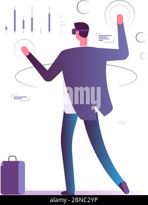 Virtual augmented reality business concept. Man with vr gadgets manages e-account. Future banking technologies vector illustration. Business virtual, vr bank online, e-banking interact Stock Vector