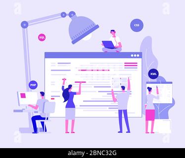 Web site development. Designers and programers create corporate site. Website coding vector concept. Illustration of development website internet page Stock Vector