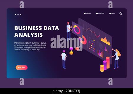 Data optimization isometric concept. Person with analysis analytics chart. Business technology, market positioning vector landing page. Illustratiuon of marketing analytics chart Stock Vector