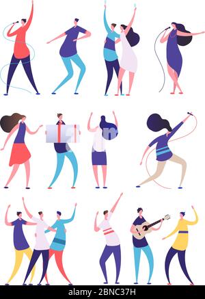 People on birthday party. Cartoon men women sing, dance play guitar, clink glasses. Friends celebrate birthday. Vector characters. Illustration of birthday character with guitar, friends celebrate Stock Vector