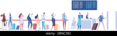 People in airport queue. Passengers baggage in line, check in registration in terminal. Airport arrival departure vector concept. Queue to check flight, people with luggage and baggage illustration Stock Vector
