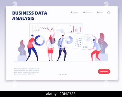 Landing page. People with dashboard and data charts infographic. Business analysis and statistics agency vector concept. Illustration of business data analytics, analysis chart and management Stock Vector