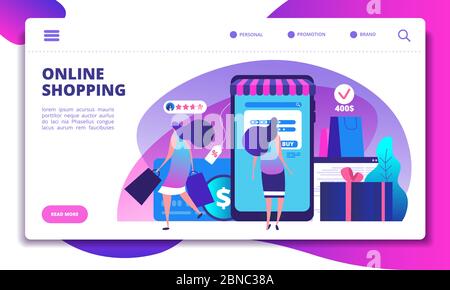 Online shopping landing page. People with smartphone doing internet payment in on-line store. Website or app vector design. Online store, payment and commerce website shop illustration Stock Vector