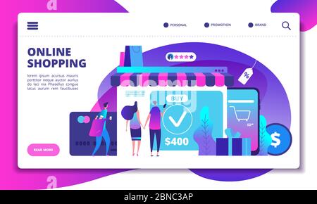 Online shopping concept. Modern payment technology with mobile phone in on-line shop. Website design of internet store. Illustration of shopping online, store and shop app Stock Vector